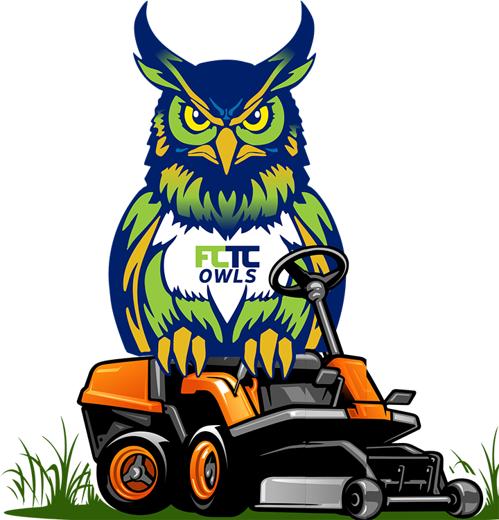 FCTC land and turf program owl graphic showing owl on a lawnmower