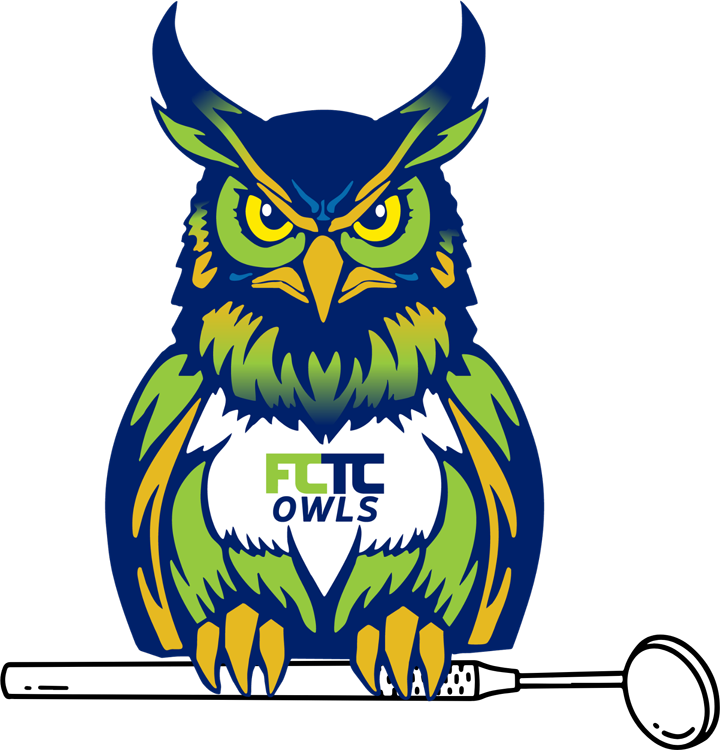 FCTC dental assisting program owl graphic showing owl with a dental tool