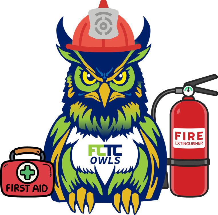 FCTC firefighter EMT combo program owl graphic showing owl with first aid kit and firefighting equipment