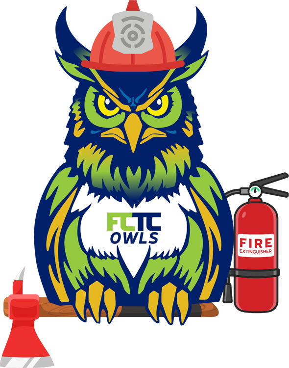 FCTC firefighting program owl graphic showing owl with axe and fire extinguisher