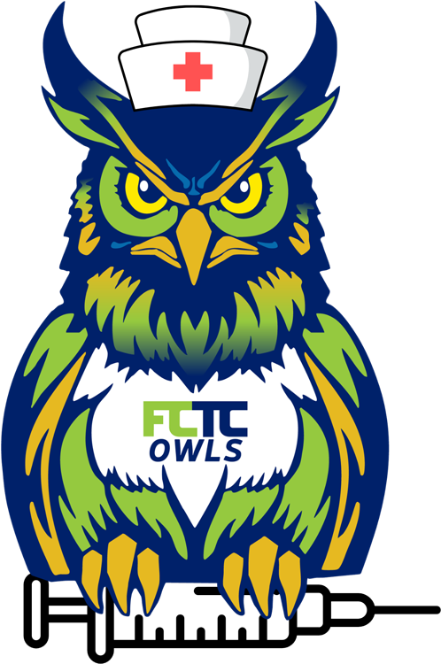 FCTC nursing program owl graphic showing owl with syringe and nurse's hat